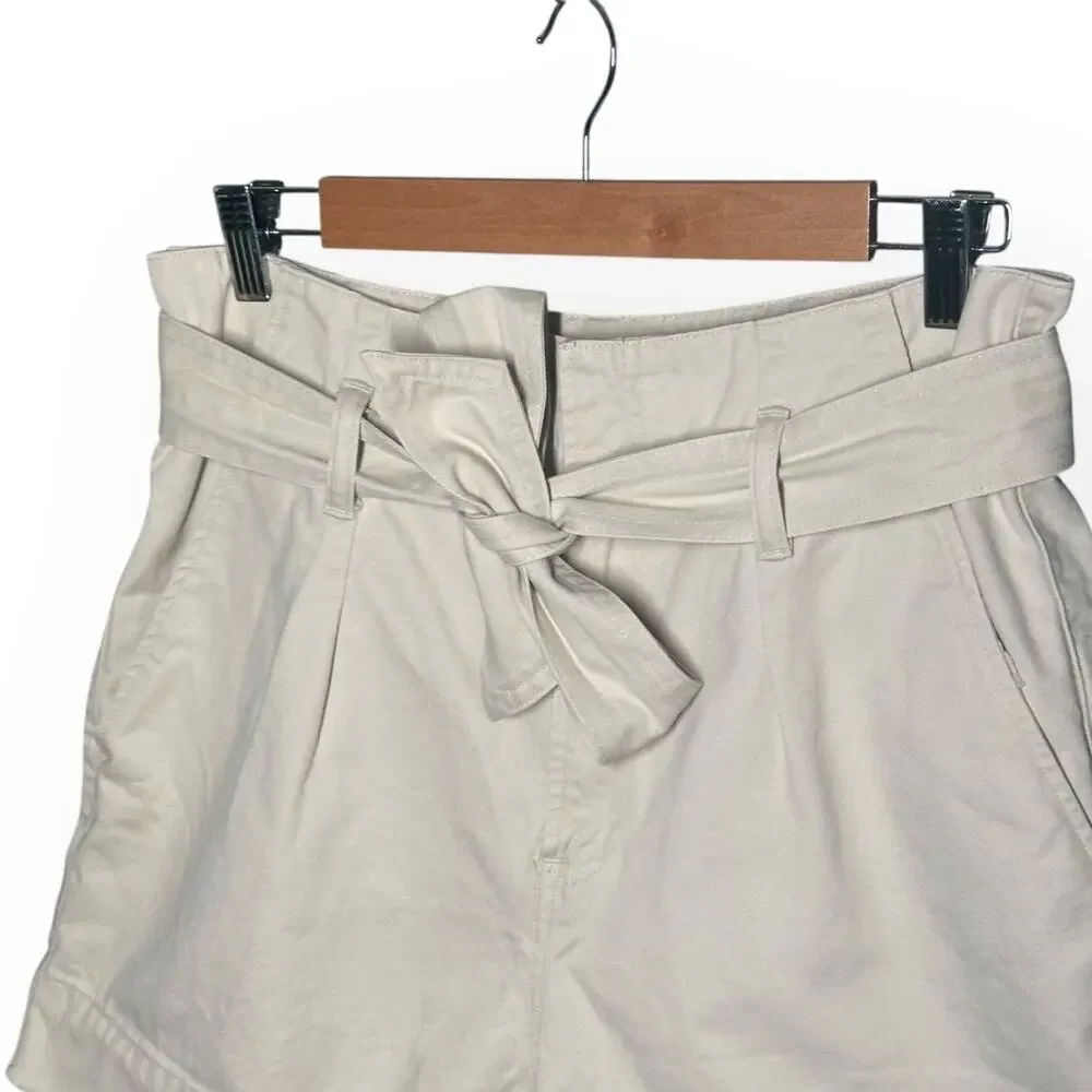 ALLSAINTS Cala Paperbag Belted Shorts Pleated Frayed Hem Beige Ivory High Rise